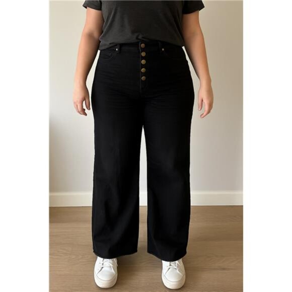 Mittoshop Twill High Waisted Button Fly Wide Leg Pants - Picture 3 of 5